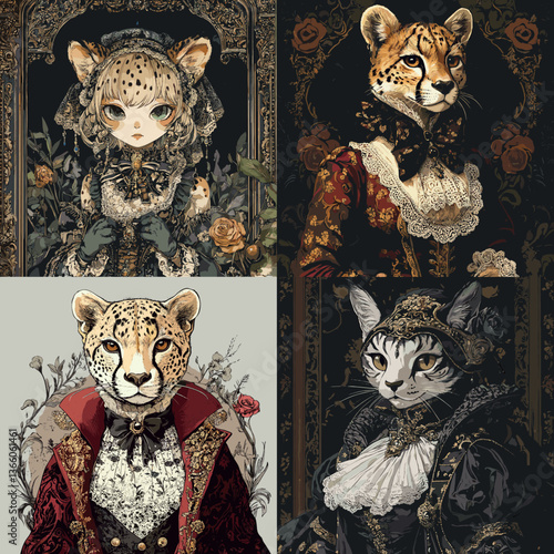 Elegant anthropomorphic cats in royal vintage costumes. Baroque-inspired animal portraits with detailed attire, perfect for fantasy, steampunk, and classical art themes.

