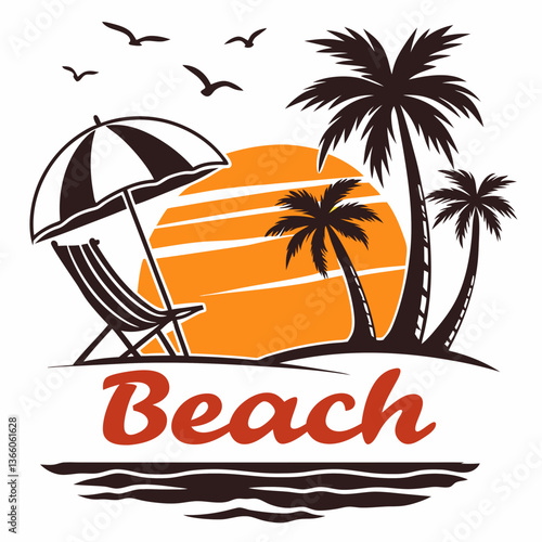 Tropical Beach Sunset Scene with Palm Trees, Deck Chair and Umbrella