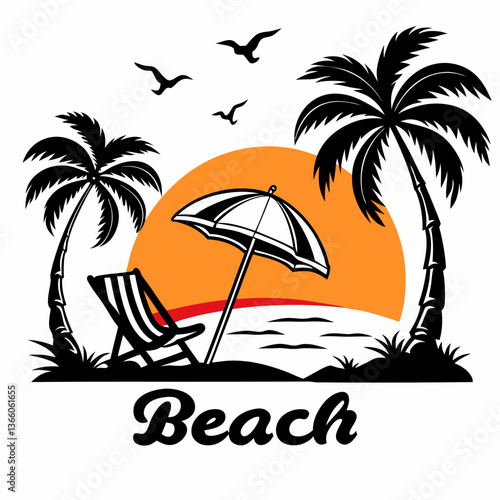 Tranquil Beach Sunset Scene: Palm Trees, Deck Chair, and Umbrella