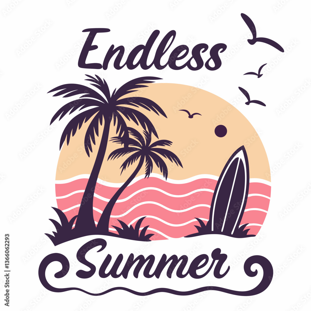 Naklejka premium Endless Summer: Palm Trees, Surfboard, and Sunset Beach Scene