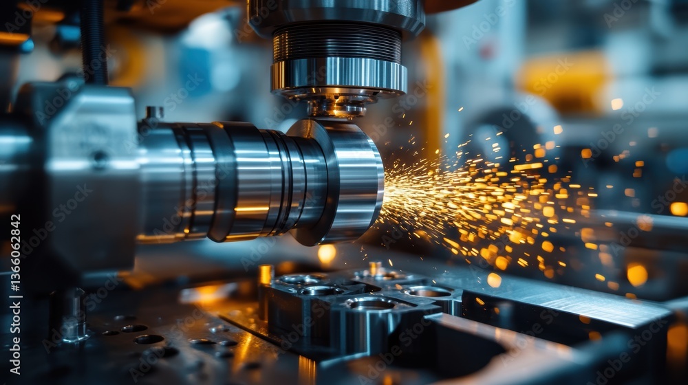 A worker using a CNC lathe to carve a metal part into a precision tool in a manufacturing workshop A worker using a CNC lathe to carve a metal part into a precision tool in a manufacturing workshop
