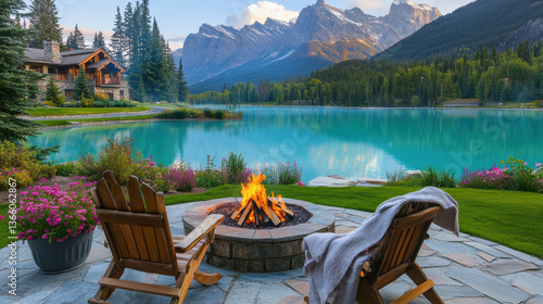 Cozy outdoor fire pit by a tranquil lake with stunning mountain views during sunset near a rustic cabin surrounded by lush greenery and blooming flowers