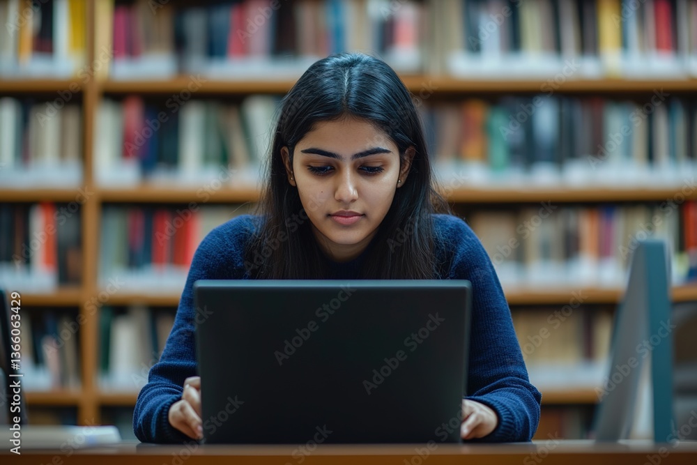 Serious Indian college student girl working at computer in public library, typing on laptop at table, searching information for research study, using elearning app for education on Internet Serious Indian college student girl working at computer in public library, typing on laptop at table, searching information for research study, using elearning app for education on Internet