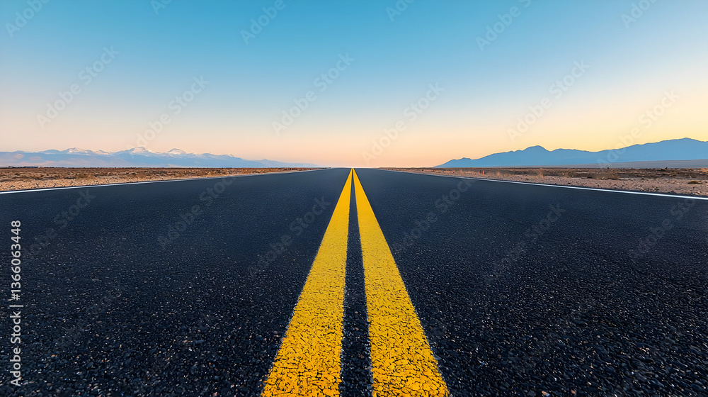 Fototapeta premium Straight Road With Yellow Lines Under Blue Sky With Distant Mountain Range During Golden Hour