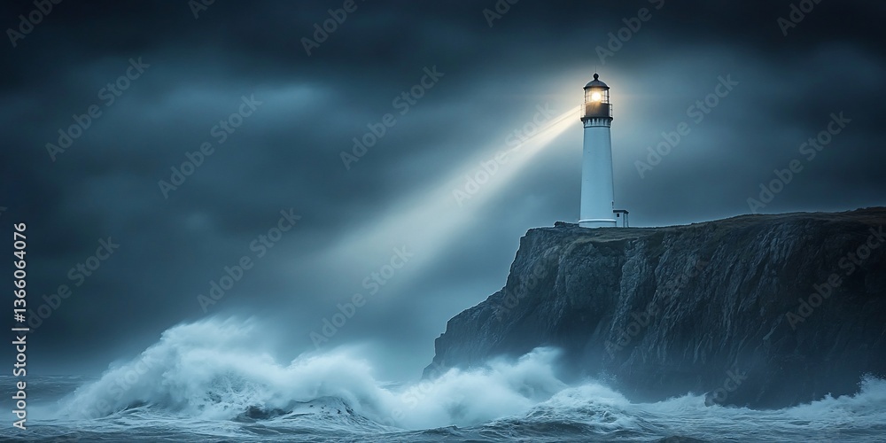 Majestic Lighthouse Beacon Illuminating a Tempestuous Coastline with Dark Clouds Majestic Lighthouse Beacon Illuminating a Tempestuous Coastline with Dark Clouds