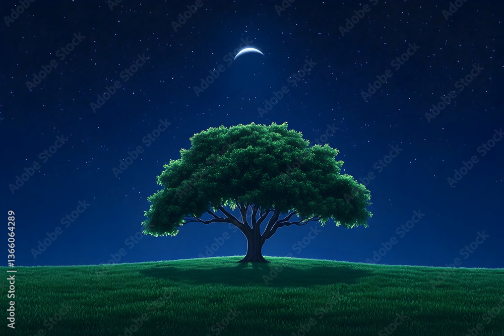 Naklejka premium Lone tree on grassy hill under crescent moon and starry night sky