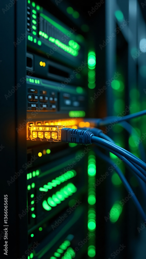 Naklejka premium Network Cable Connected to Server with Glowing Lights