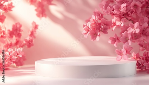 A circular white display stand placed in a background of pink cherry blossoms, with branches surrounding it, the background softly blurred in pink and green tones