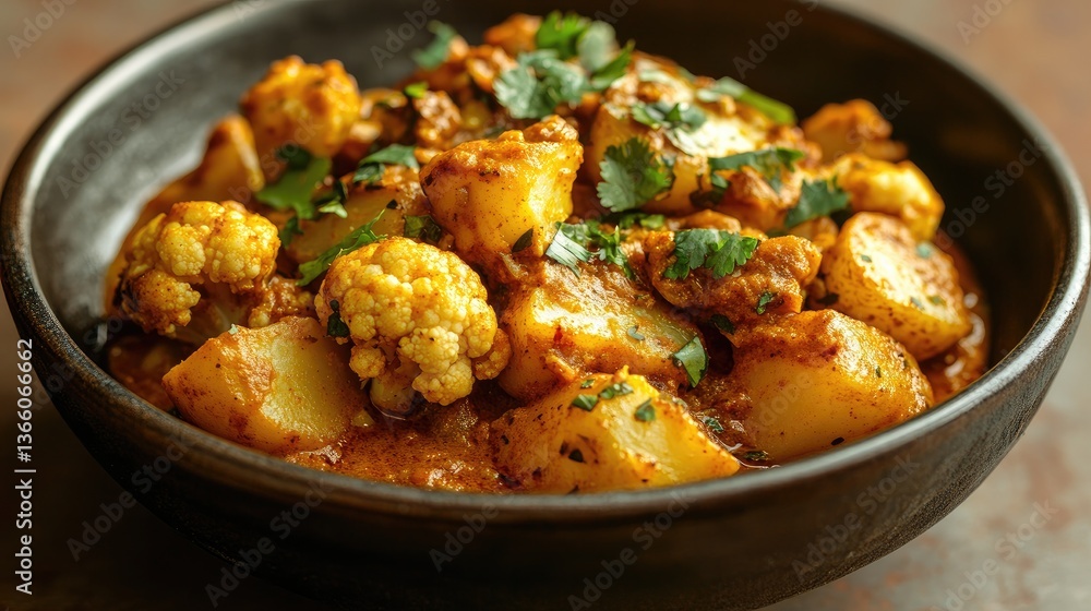 A bowl of vibrant and fragrant Indian aloo gobi curry showcasing tender potatoes and cauliflower in a rich, spiced sauce, against a neutral background, allowing for supplementary copy. A bowl of vibrant and fragrant Indian aloo gobi curry showcasing tender potatoes and cauliflower in a rich, spiced sauce, against a neutral background, allowing for supplementary copy.
