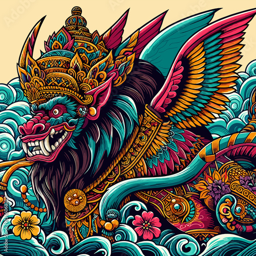 Vibrant mythical creature with wings and golden adornments, inspired by Balinese art, surrounded by stylized waves and flowers.