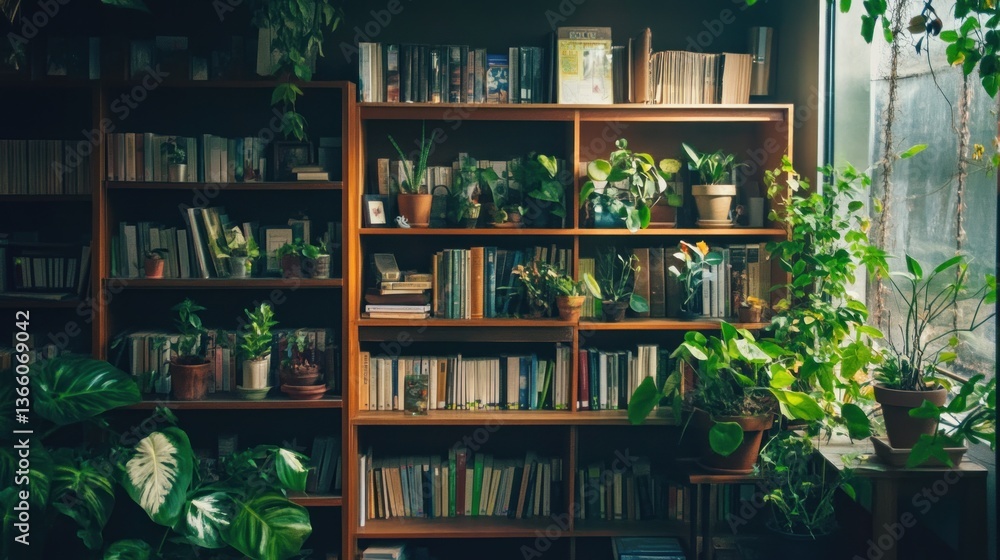Bookshelves filled with plants and books in a cozy room. Bookshelves filled with plants and books in a cozy room.