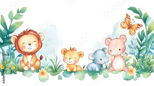 design cute animal with water color style in white background isolated on white,remain space between border each corner
