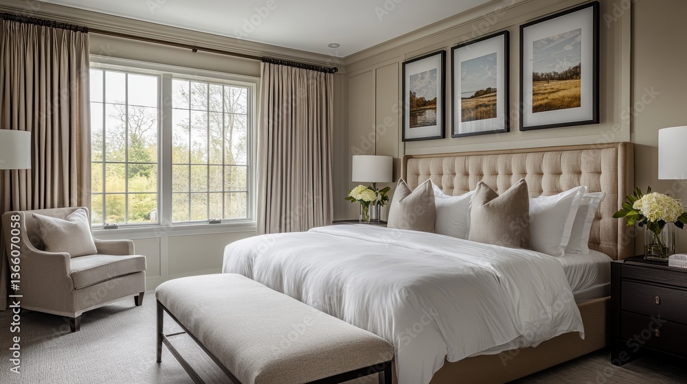 Fototapeta premium A stylish guest room with modern furnishings, a neutral color scheme, and thoughtful details like fresh flowers and soft lighting to create a pleasant atmosphere