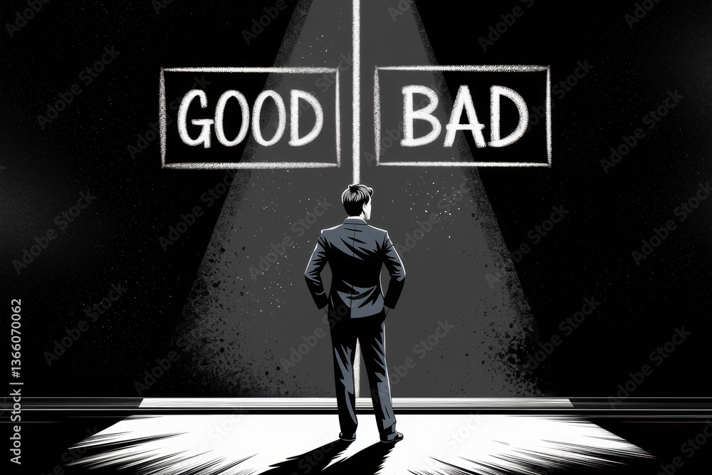 Fototapeta premium Businessman Contemplating Choices in Black and White Contrast with Good and Bad Decisions