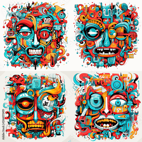 Vibrant abstract graffiti faces with bold lines, surreal expressions, and urban pop art style. Chaotic and colorful cartoon artwork full of energy, texture, and street culture.

