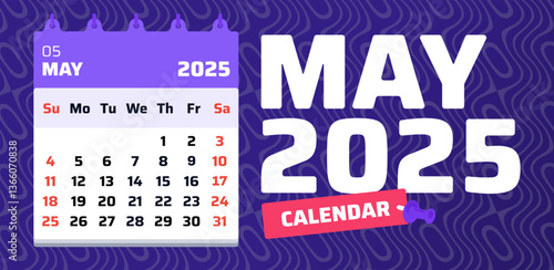 May 2025 calendar. Calendar template. 2025 Week start sunday. Design template. Vector illustration. Date of monthly calendar may 2025. Weekend at sunday and saturday
