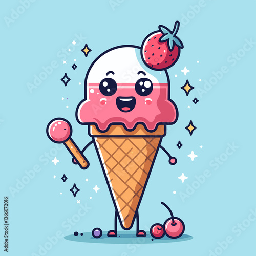 A cartoon character holding a spoon in an ice cream cone with a cherry on top