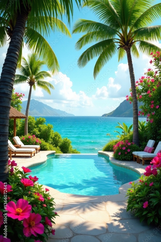 Fototapeta premium Serene Oceanside Pool Retreat with Lush Tropical Flora and Inviting Lounge Chairs