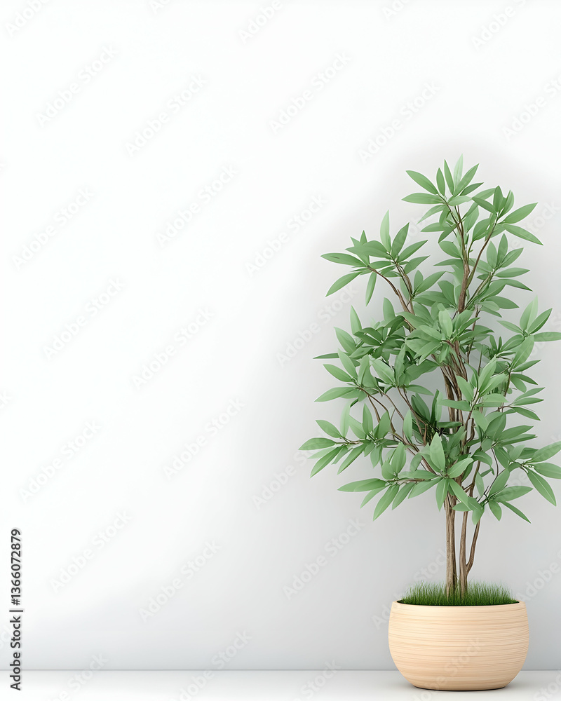 Fototapeta premium Minimalist interior with a potted plant against a white wall