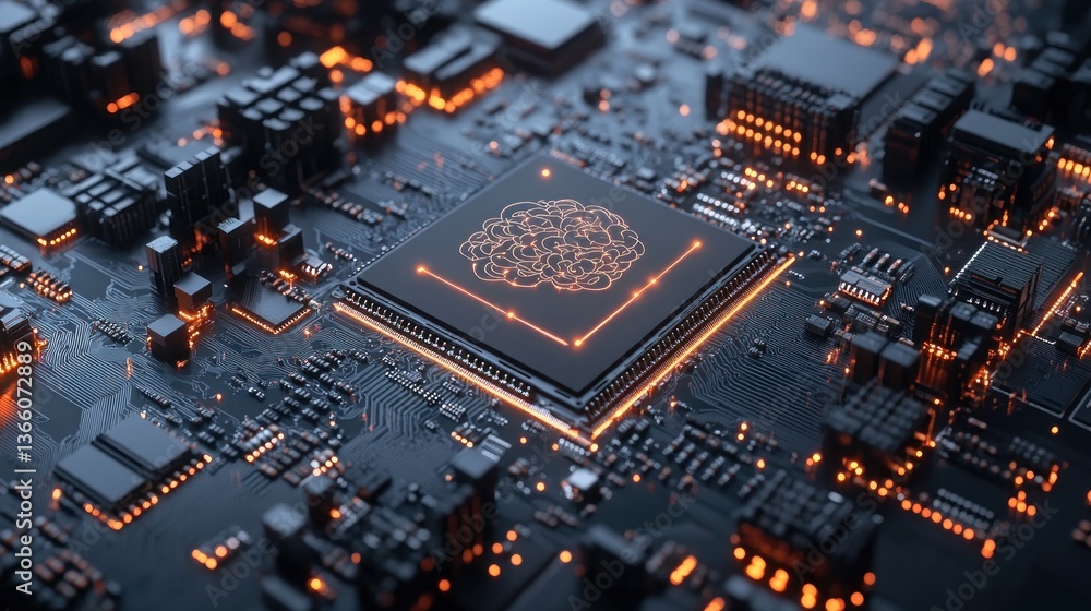 Circuit board with glowing brain cpu chip. Circuit board with glowing brain cpu chip.