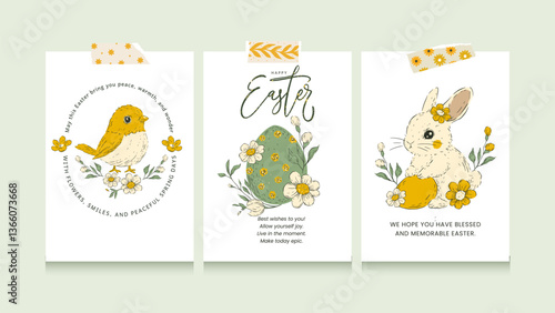 Easter Sketch Card Set Vintage Vector Collection Bunny Chick Egg Rustic Floral Poster