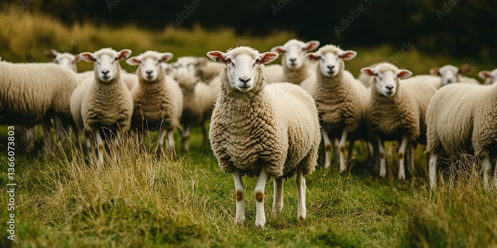 A group of white sheep standing on green grass, with one sheep facing the camera in the center, blurred background of grass and distant hills A group of white sheep standing on green grass, with one sheep facing the camera in the center, blurred background of grass and distant hills