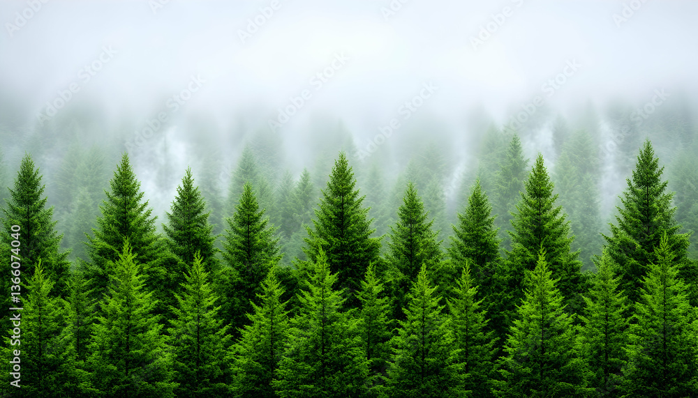Misty evergreen forest, lush green conifers in fog Misty evergreen forest, lush green conifers in fog
