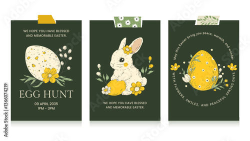 Easter Bunny Egg Hunt Sketch Card Set Vintage Vector Collection Rustic Floral Poster