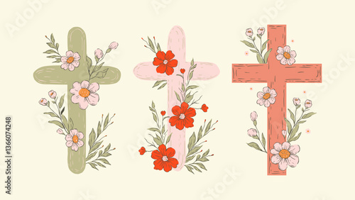 Easter Cross Sketch Set Rustic Collection Jesus Crosses Religion Vector Catholic Floral Vintage Pastel Flowers