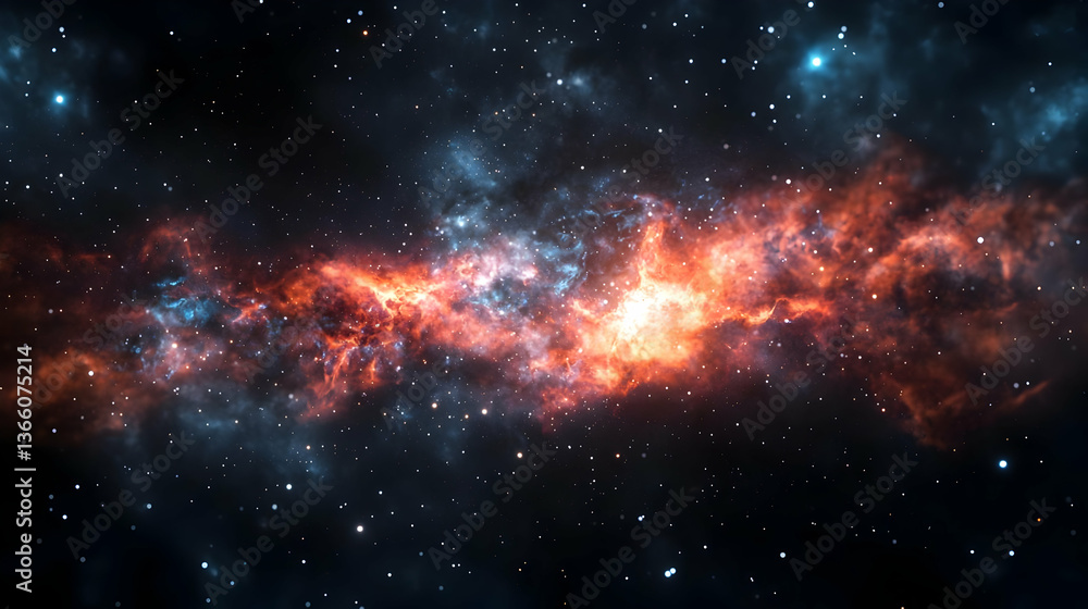 Fototapeta premium Dramatic Celestial Nebula Displaying Blue And Orange Hues With Scattered Bright Starfield Against Dark Black Space Backdrop