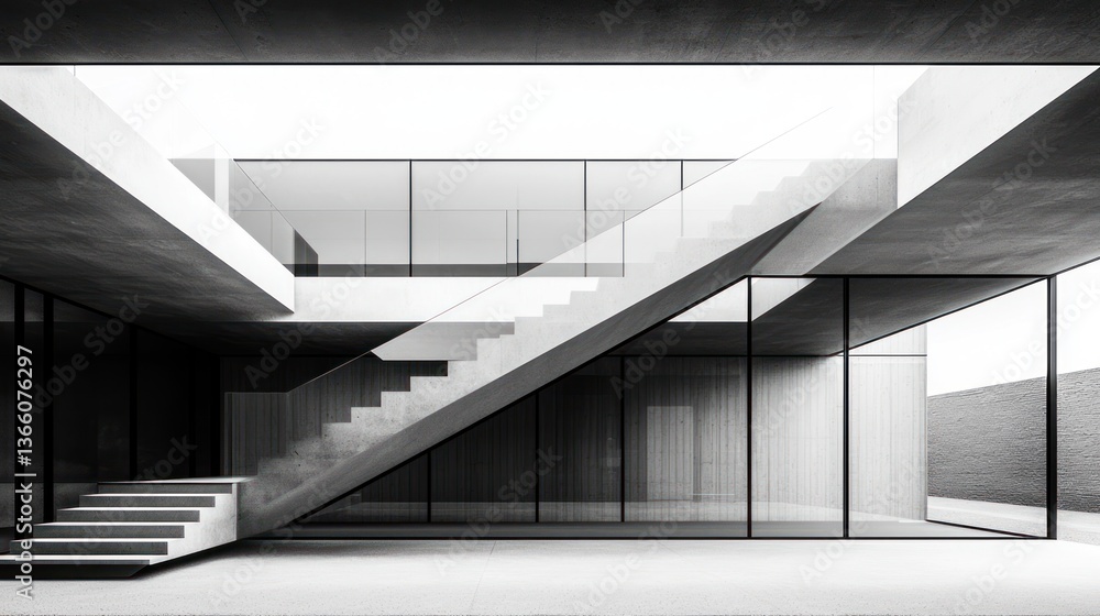 Obraz premium Modern concrete house, interior courtyard stairs, glass walls, minimalist design, architectural visualization
