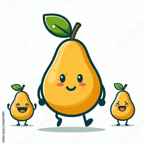 A cartoon character with a smiling face is holding a yellow pear