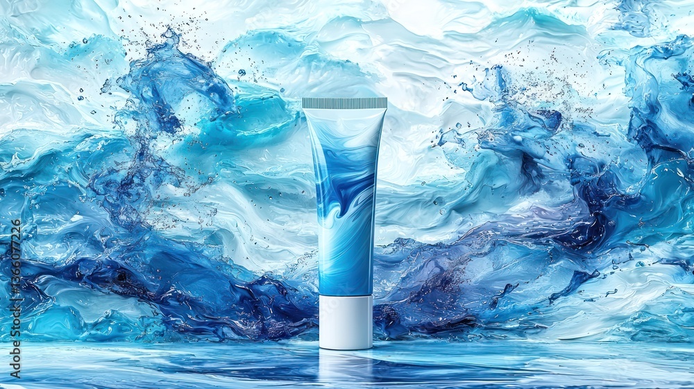 Blue cosmetic tube, water splash background, skincare product, advertising mockup Blue cosmetic tube, water splash background, skincare product, advertising mockup