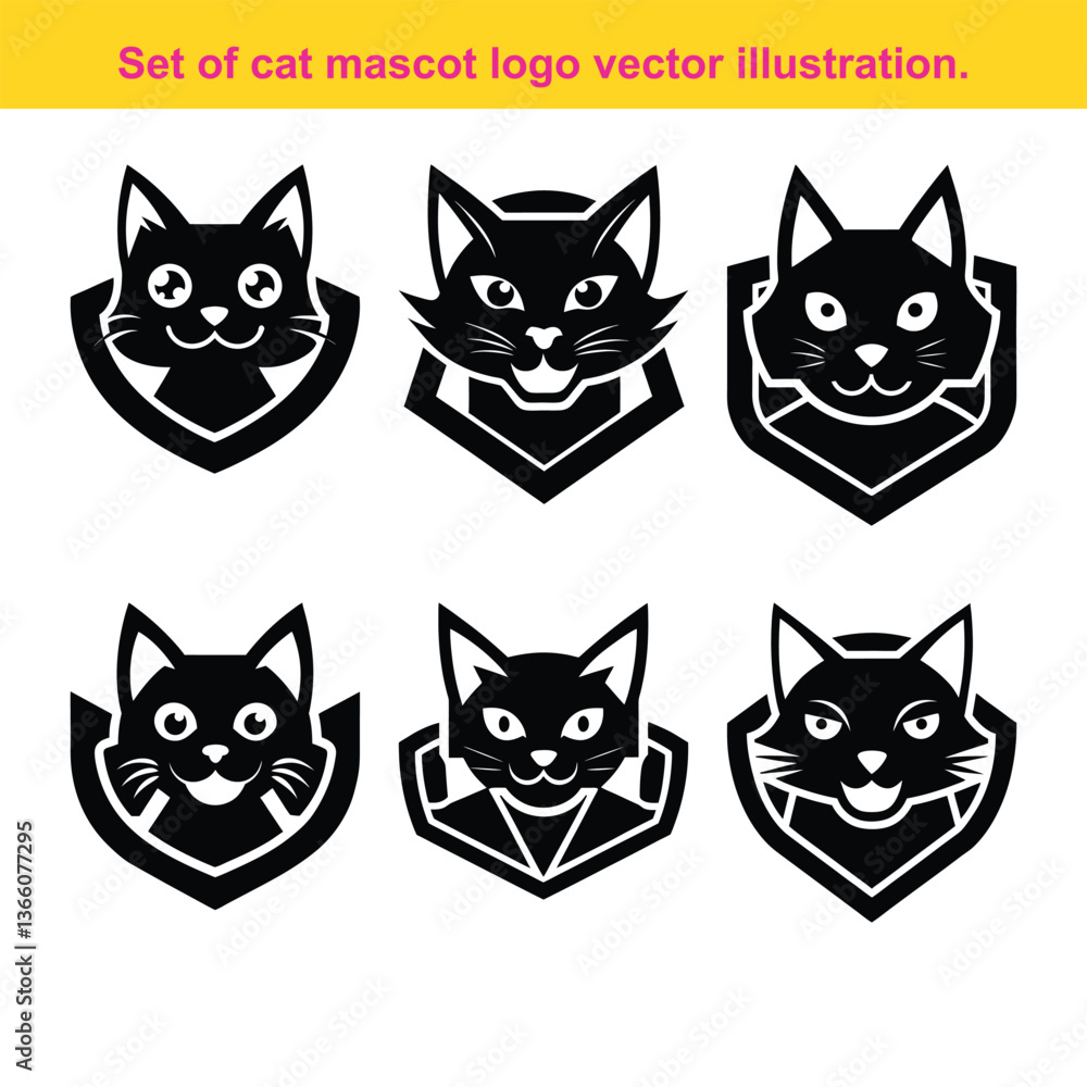 Black and White Cat Mascot Logo Set Featuring Shield Style Vector Design Black and White Cat Mascot Logo Set Featuring Shield Style Vector Design