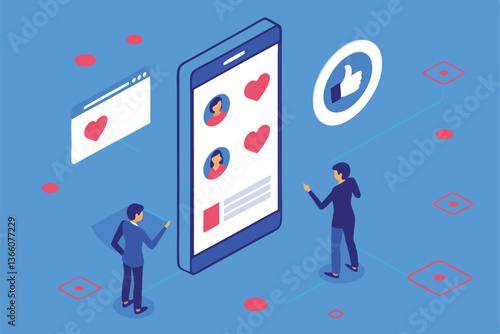 92 Isometric business people, giant smartphone, holographic social media icons, thumbs up, smiley faces, hearts, blue background, digital marketing concept, 3D illustration, vibrant colors, profession