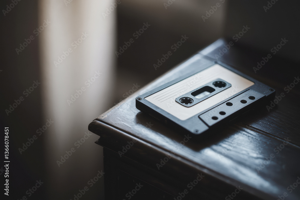 Fototapeta premium Nostalgic Retro Cassette Tape Resting on Wooden Surface Bathed in Soft Natural Light