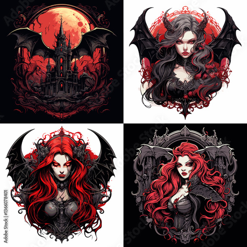 Gothic vampire women with red hair and bat wings, set against a full blood moon and dark castle. Horror fantasy illustration with mystical, seductive, and dark fairytale vibes.

