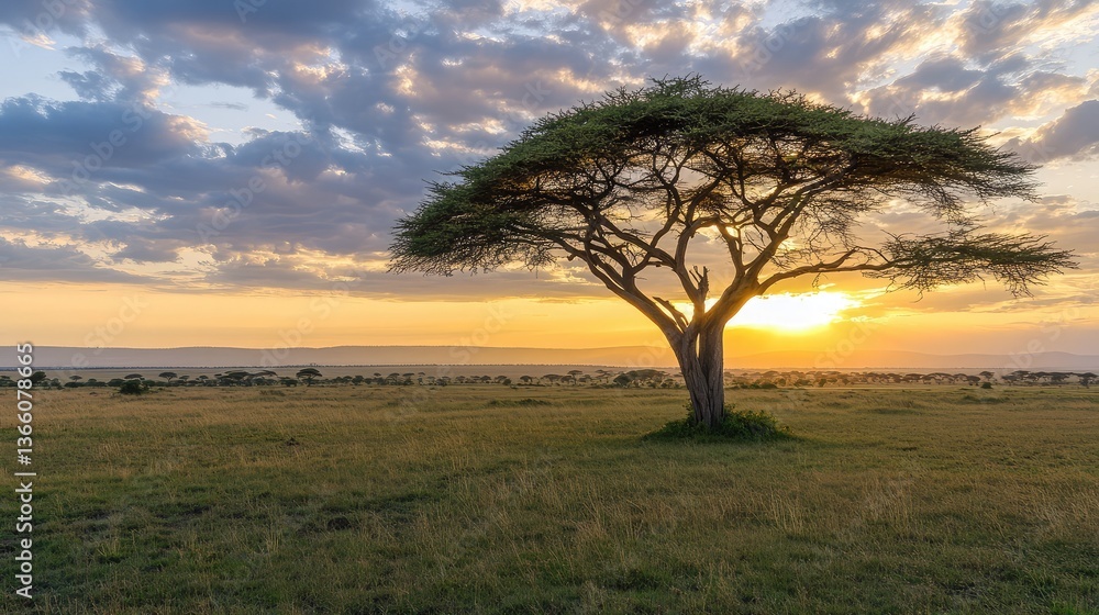 Fototapeta premium A serene sunset in the Amboseli savannah, where the golden light of the sun casts long shadows over acacia trees, no human presence, just peaceful beauty.