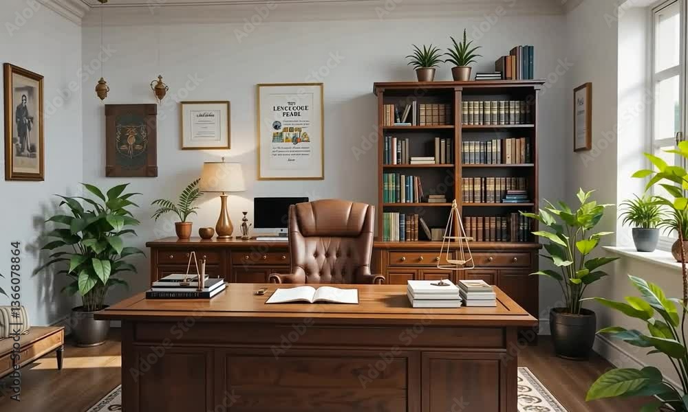 4k video. A comfortable and modern law office, with white walls and objects that refer to law and some small plants as room decoration. 4k video. A comfortable and modern law office, with white walls and objects that refer to law and some small plants as room decoration.