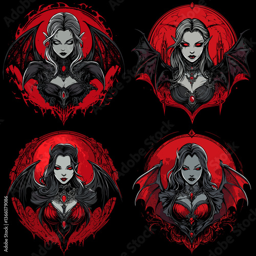 Dark fantasy vampire women with bat wings and red eyes, styled in gothic fashion under a blood moon. Horror character illustration with mystical and seductive elements.

