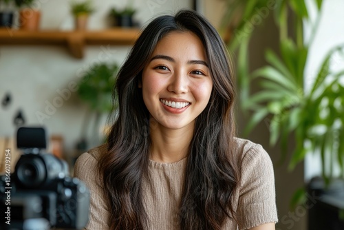 Head shot Asian woman sit indoors look at camera with positive, joyful expression. Profile picture of videoconference participant, smile, record video for vlog. Social media icon, influencer portrait