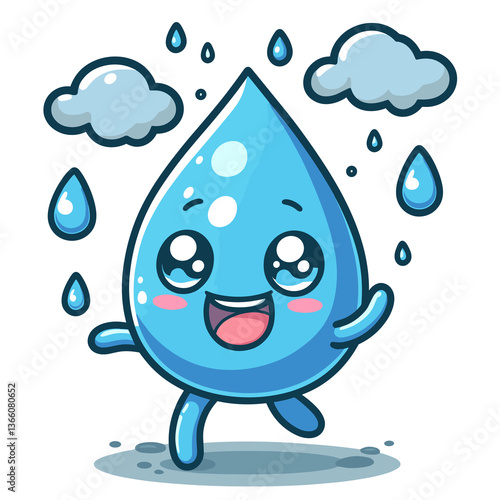 A cartoonish water droplet is smiling and dancing in the rain