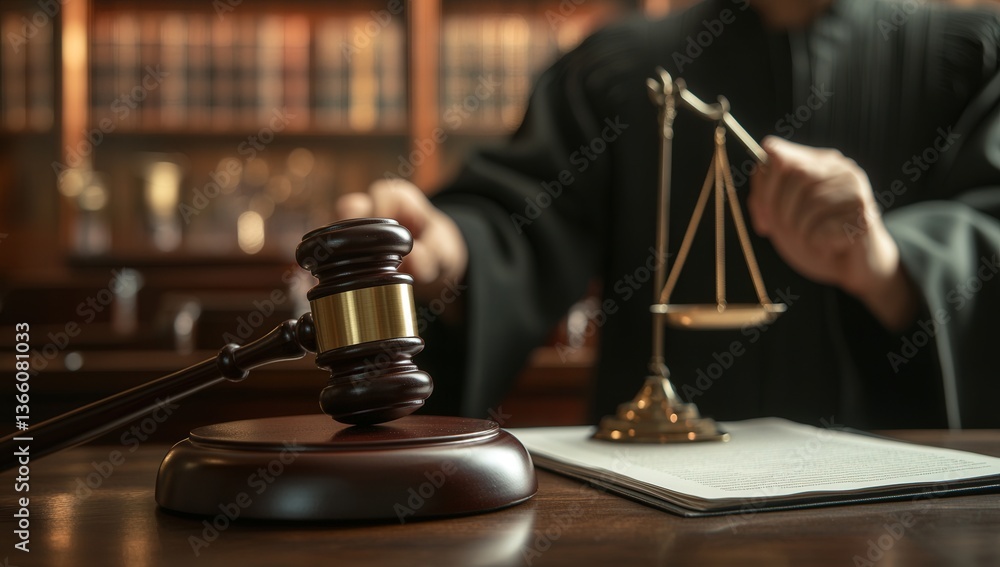 Judge in courtroom holding gavel and scales of justice representing law and decision-making. Judge in courtroom holding gavel and scales of justice representing law and decision-making.