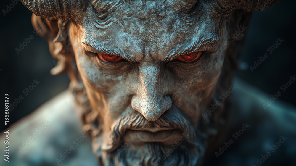 Majestic marble statue of a stoic man with fiery red eyes in serene garden Majestic marble statue of a stoic man with fiery red eyes in serene garden