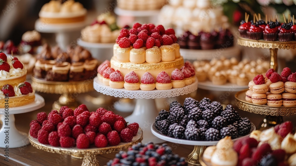 A variety of cakes, macarons, and pastries featuring an opulent dessert display, styled elegantly with fresh, vibrant berries and gold accents. A variety of cakes, macarons, and pastries featuring an opulent dessert display, styled elegantly with fresh, vibrant berries and gold accents.