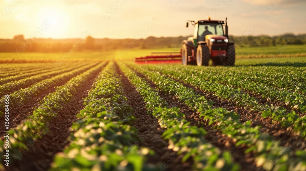 A farmer harvesting crops in a field, with a tractor and rows of crops in the background under the bright sunlight A farmer harvesting crops in a field, with a tractor and rows of crops in the background under the bright sunlight