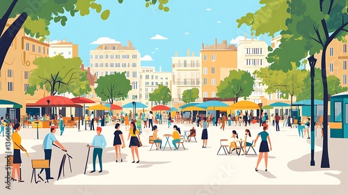 Sunny City Square with People Relaxing.
