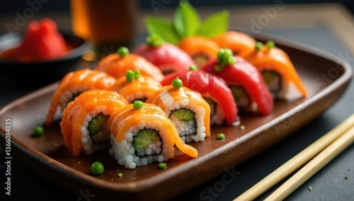 Colorful sushi platter, soy sauce, wasabi, ginger , elegant, healthy