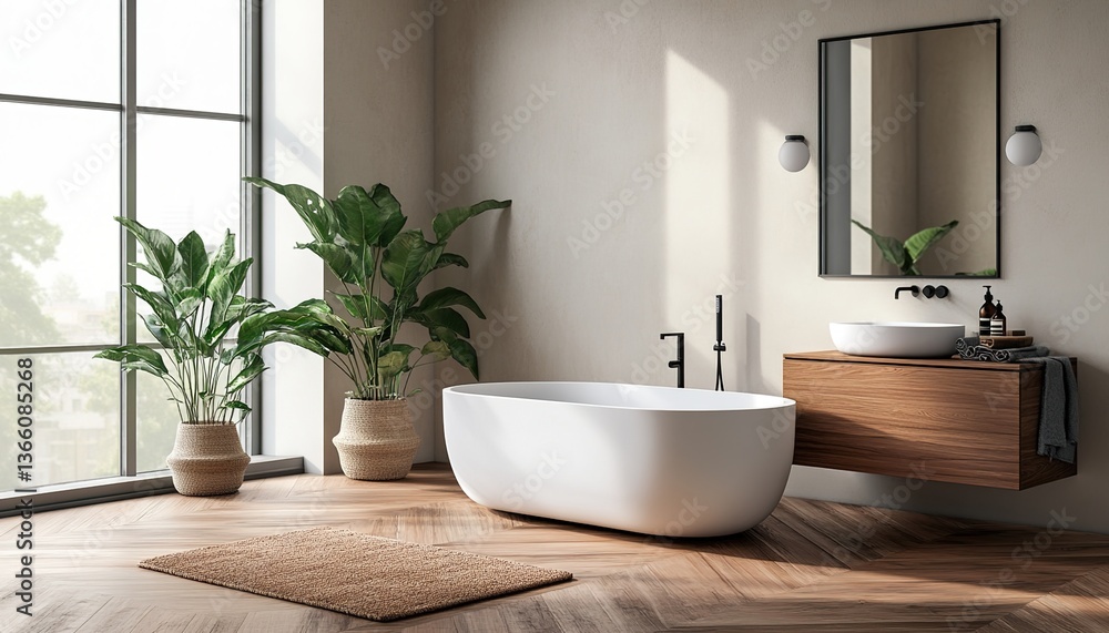 A modern bathroom with a white bathtub and wooden vanity, a round mirror and minimalist faucet on the vanity, light beige walls, wooden floor, green plants and a woven basket nearby A modern bathroom with a white bathtub and wooden vanity, a round mirror and minimalist faucet on the vanity, light beige walls, wooden floor, green plants and a woven basket nearby