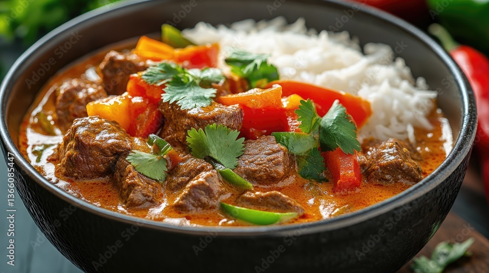 A delightful meal featuring flavorful Thai red curry with beef, bell peppers, and creamy coconut milk, garnished with cilantro and served with steaming rice. A delightful meal featuring flavorful Thai red curry with beef, bell peppers, and creamy coconut milk, garnished with cilantro and served with steaming rice.